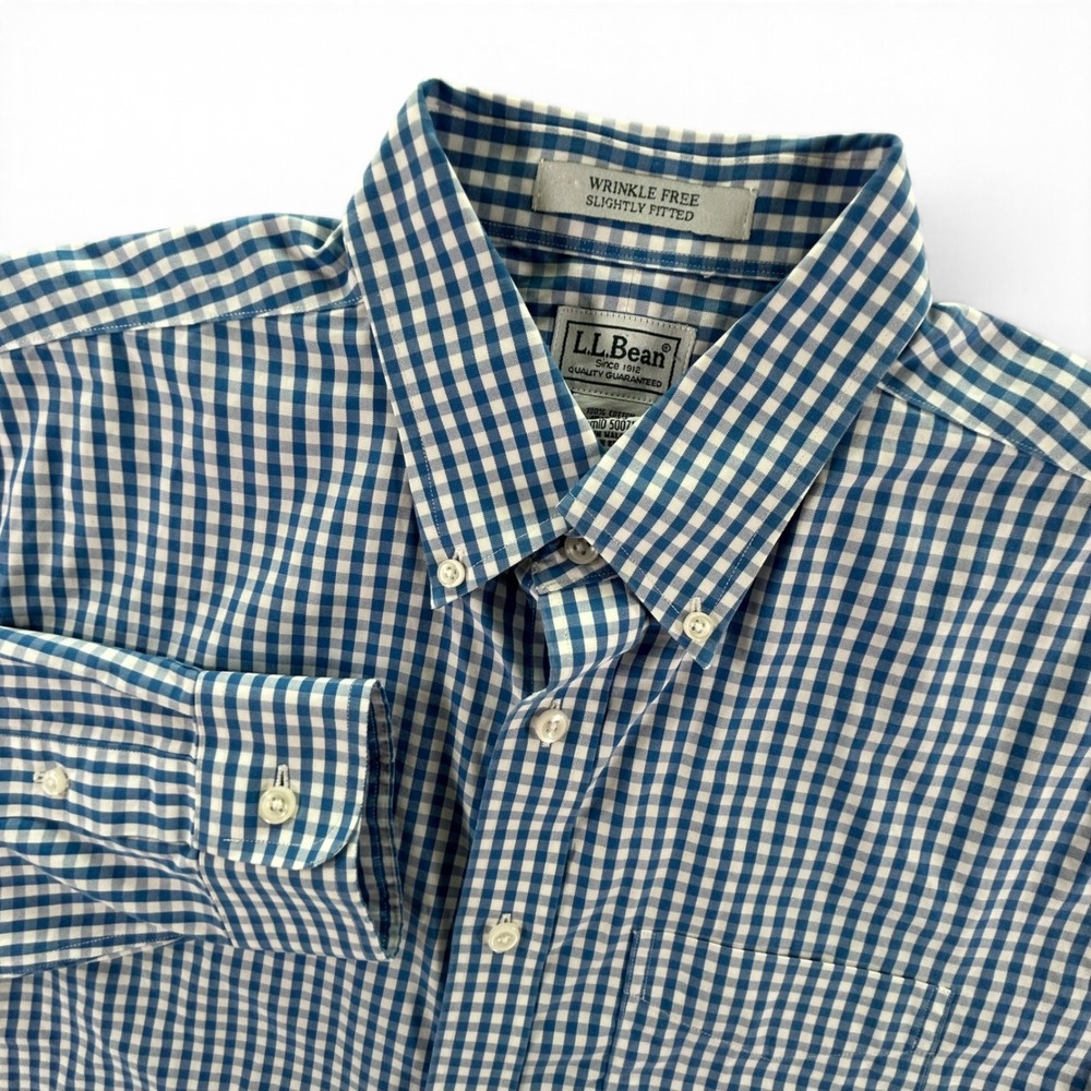 L.L. Bean Mens 15.5 33 Shirt Blue Gingham Check Slightly Fitted Wrinkle Free